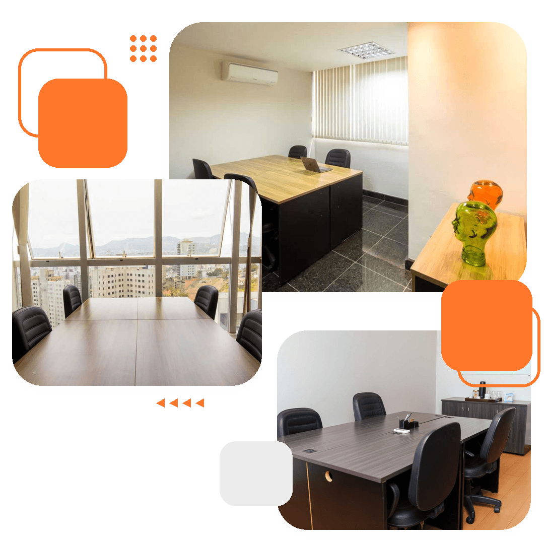 Escritório exclusivo com mesa, cadeiras e vista da cidade, em colagem do Desk em BH
